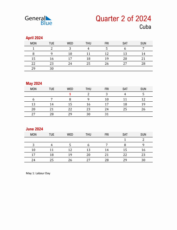 Printable Three Month Calendar with Cuba Holidays
