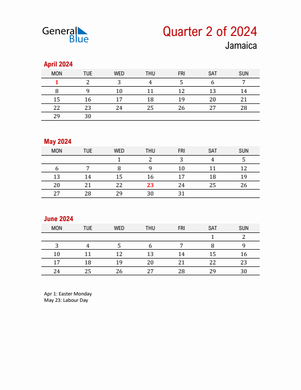 Printable Three Month Calendar with Jamaica Holidays
