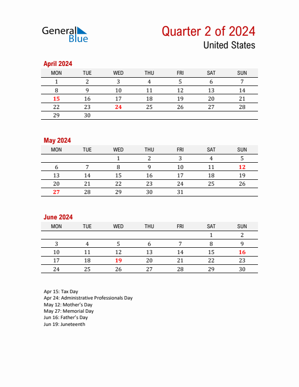 Printable Three Month Calendar with United States Holidays