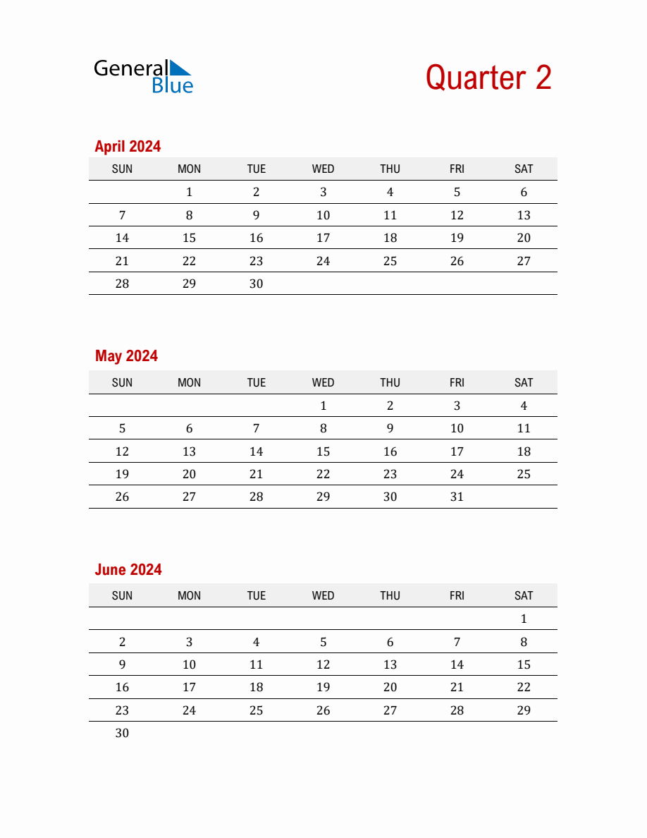 Quarter 2 2024 Calendar Printable (PDF, Word, Excel)