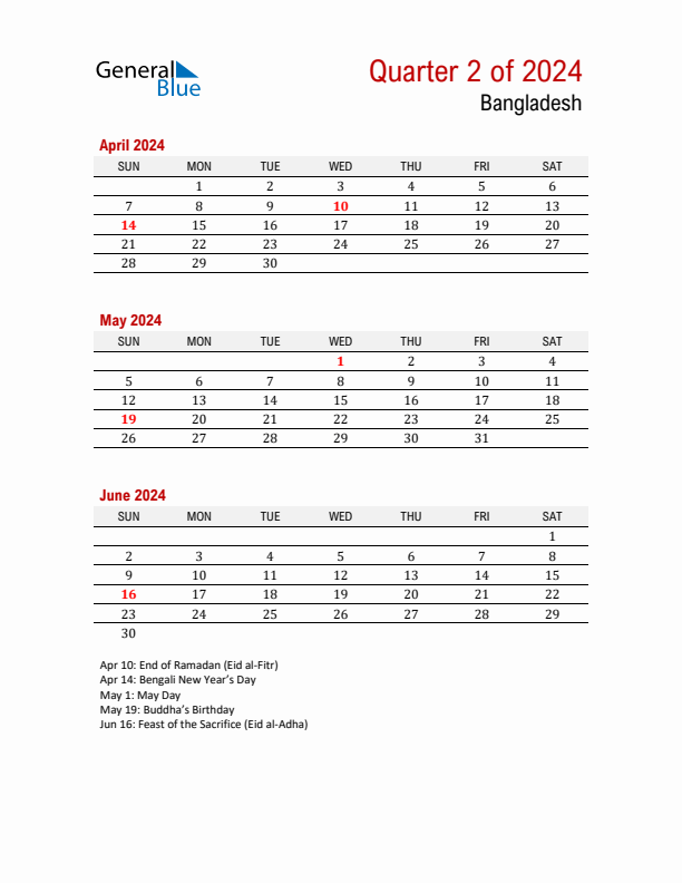 Q2 2024 Quarterly Calendar with Bangladesh Holidays