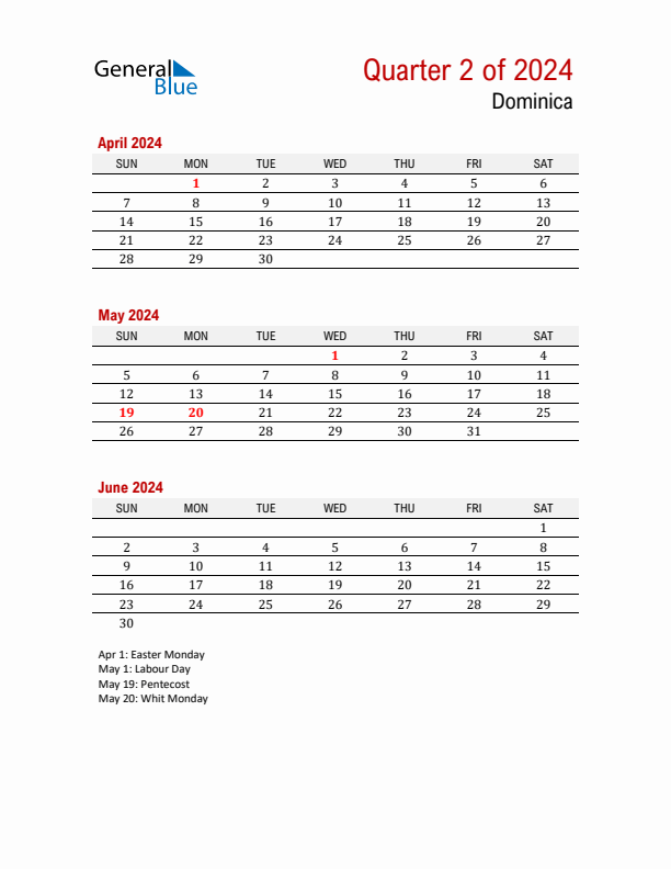Printable Three Month Calendar with Dominica Holidays