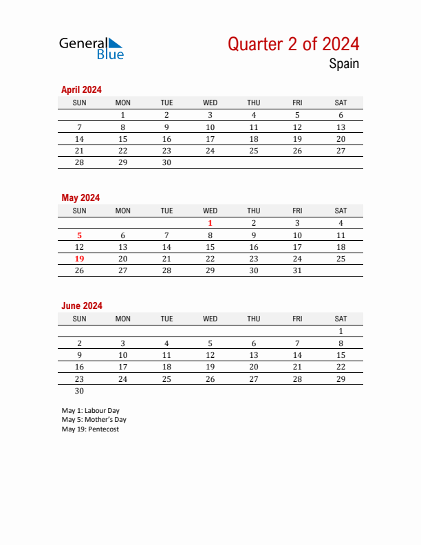 Q2 2024 Quarterly Calendar with Spain Holidays (PDF, Excel, Word)