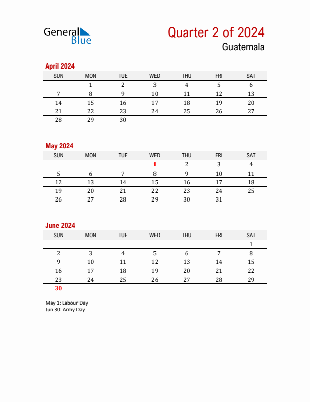 Q2 2024 Quarterly Calendar with Guatemala Holidays (PDF, Excel, Word)