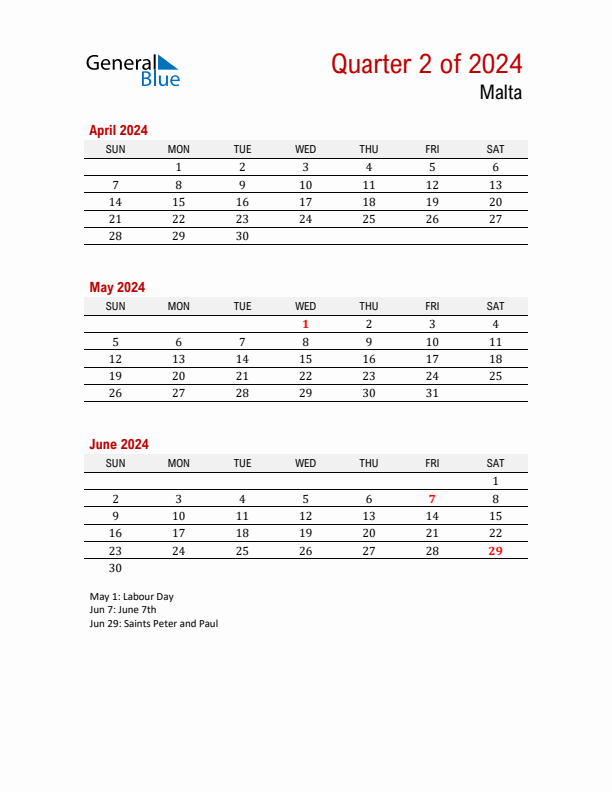 Q2 2024 Quarterly Calendar with Malta Holidays (PDF, Excel, Word)