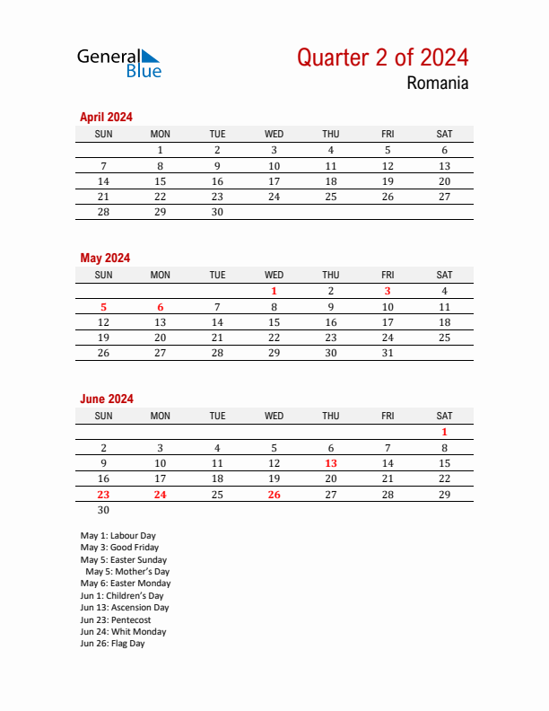 Printable Three Month Calendar with Romania Holidays