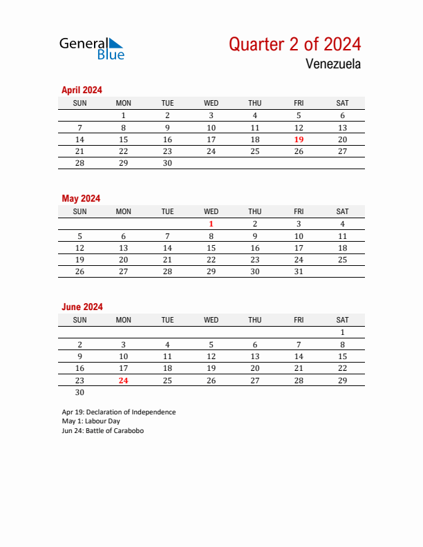 Printable Three Month Calendar with Venezuela Holidays