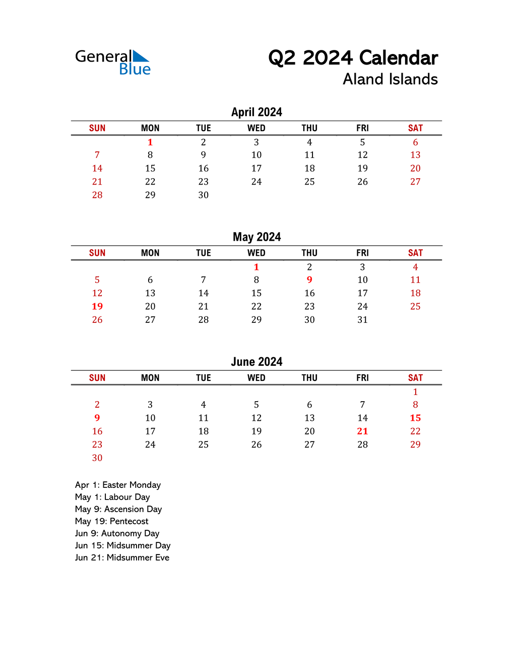 Q2 2024 Quarterly Calendar with Aland Islands Holidays