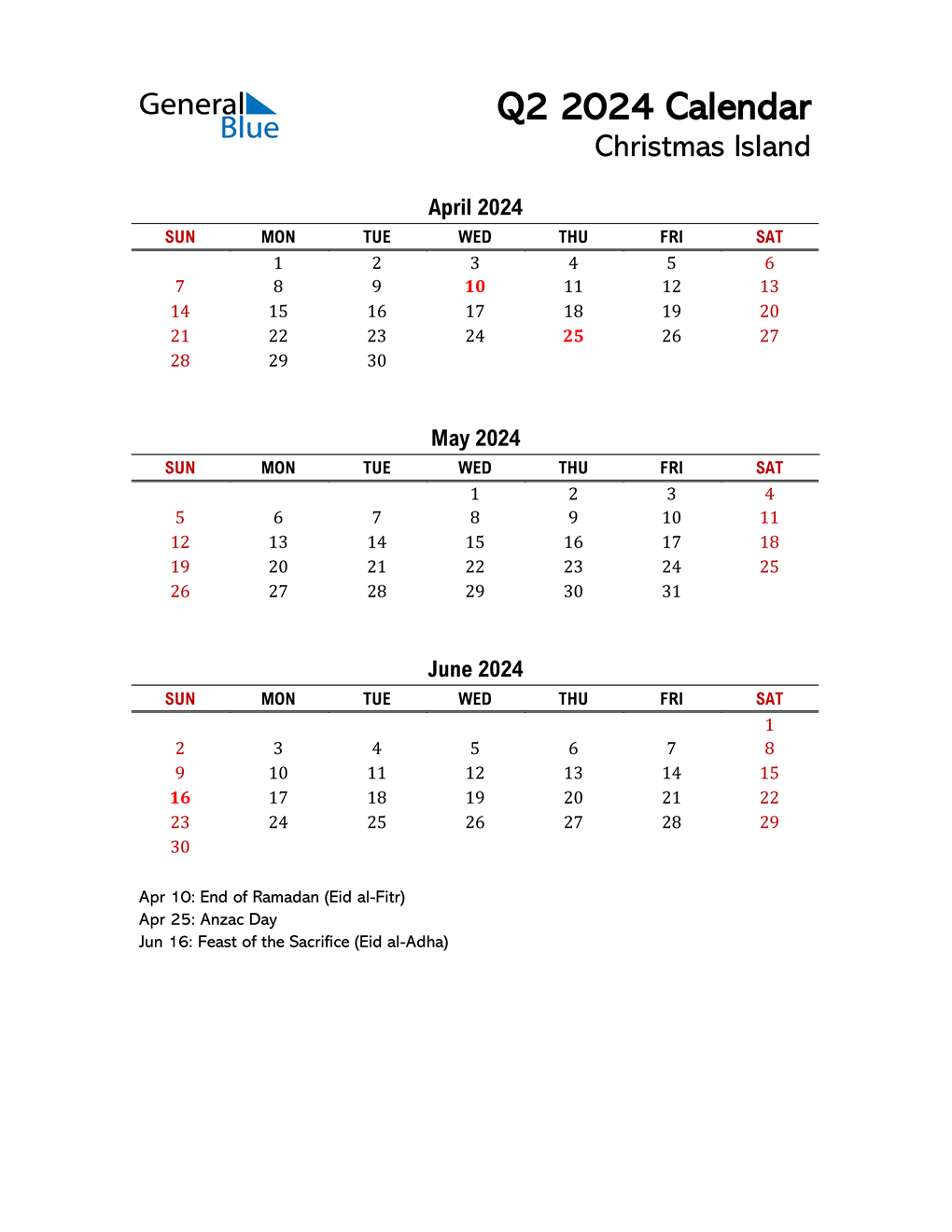  2024 Q2 Calendar with Holidays List
