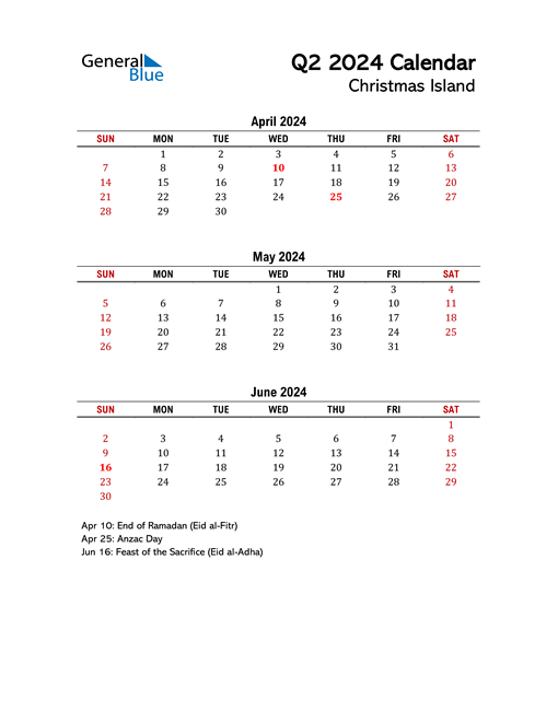  2024 Q2 Calendar with Holidays List