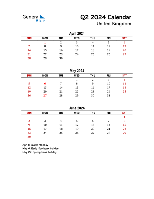 Q2 2024 Quarterly Calendar with United Kingdom Holidays
