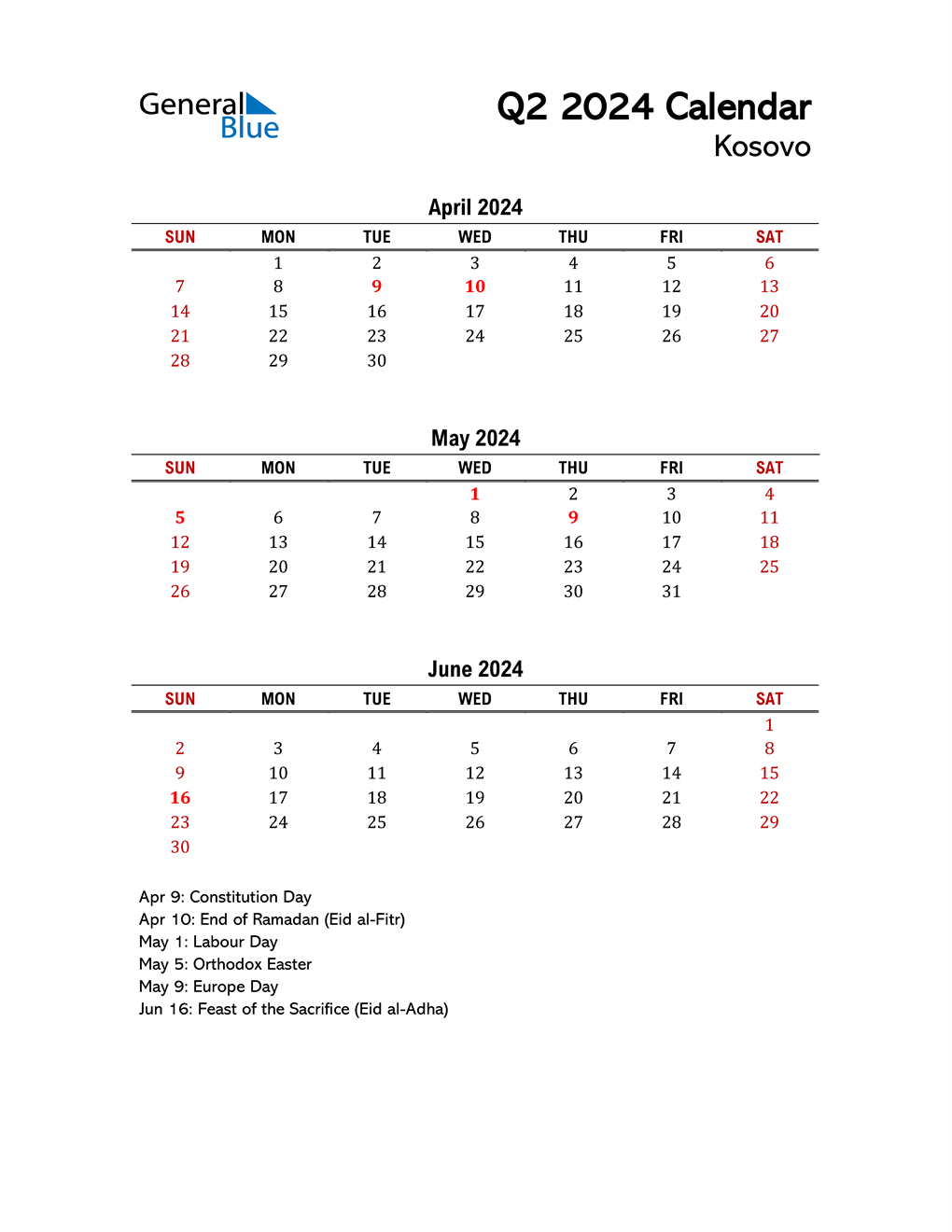 Q2 2024 Quarterly Calendar for Kosovo