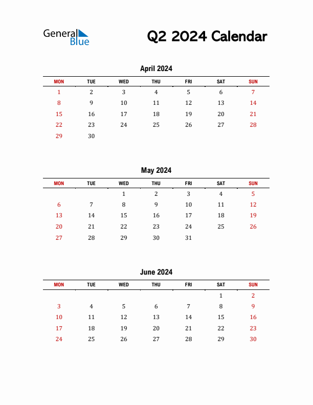 2024 Q2 Calendar with Red Weekend