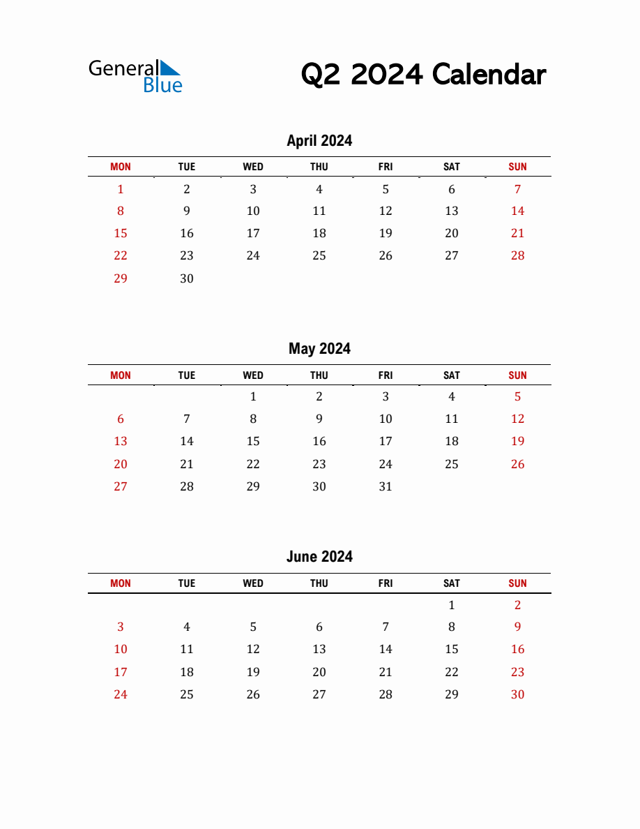 Q2 2024 Calendar Template in PDF, Excel, and Word