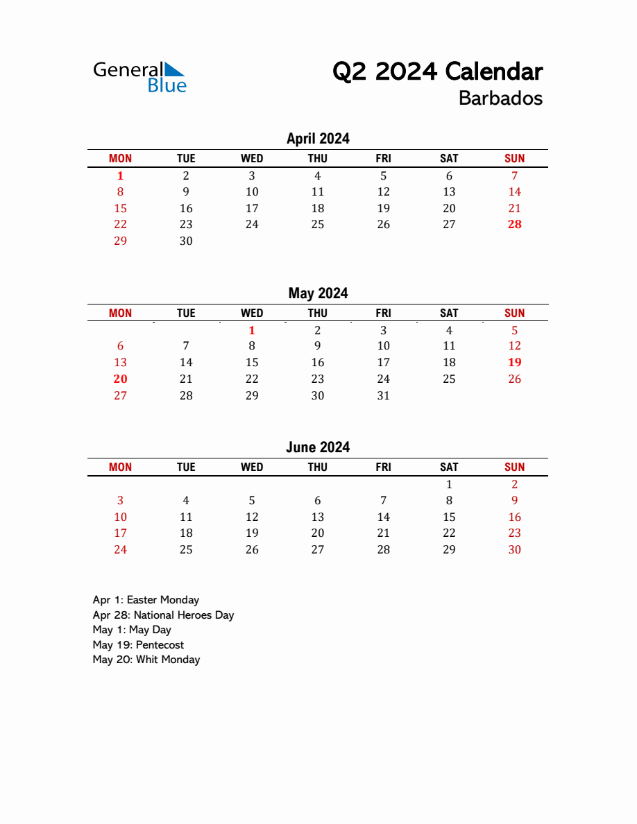 2024 Q2 Calendar with Holidays List for Barbados