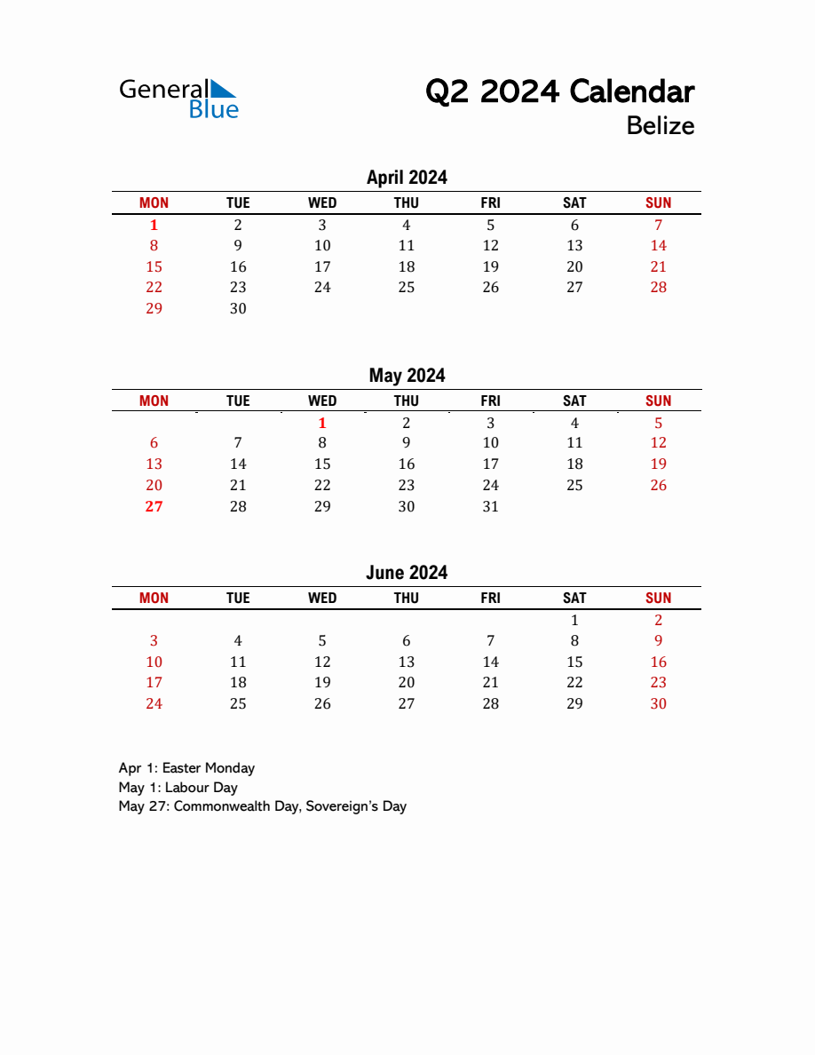 2024 Q2 Calendar with Holidays List for Belize