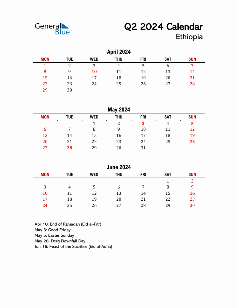 2024 Q2 Calendar with Holidays List for Ethiopia