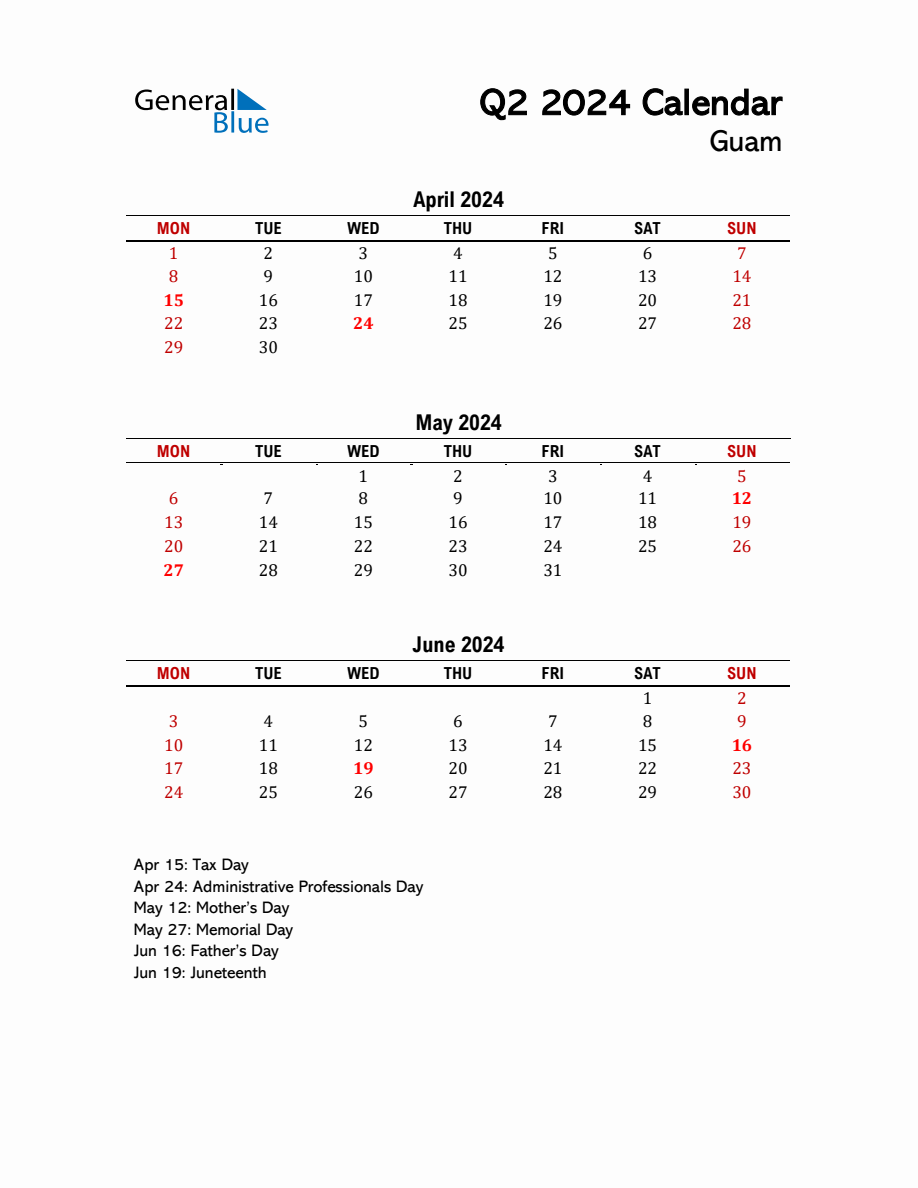 2024 Q2 Calendar with Holidays List for Guam