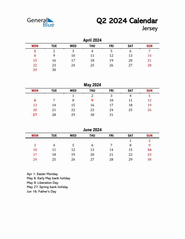 Threemonth calendar for Jersey Q2 of 2024
