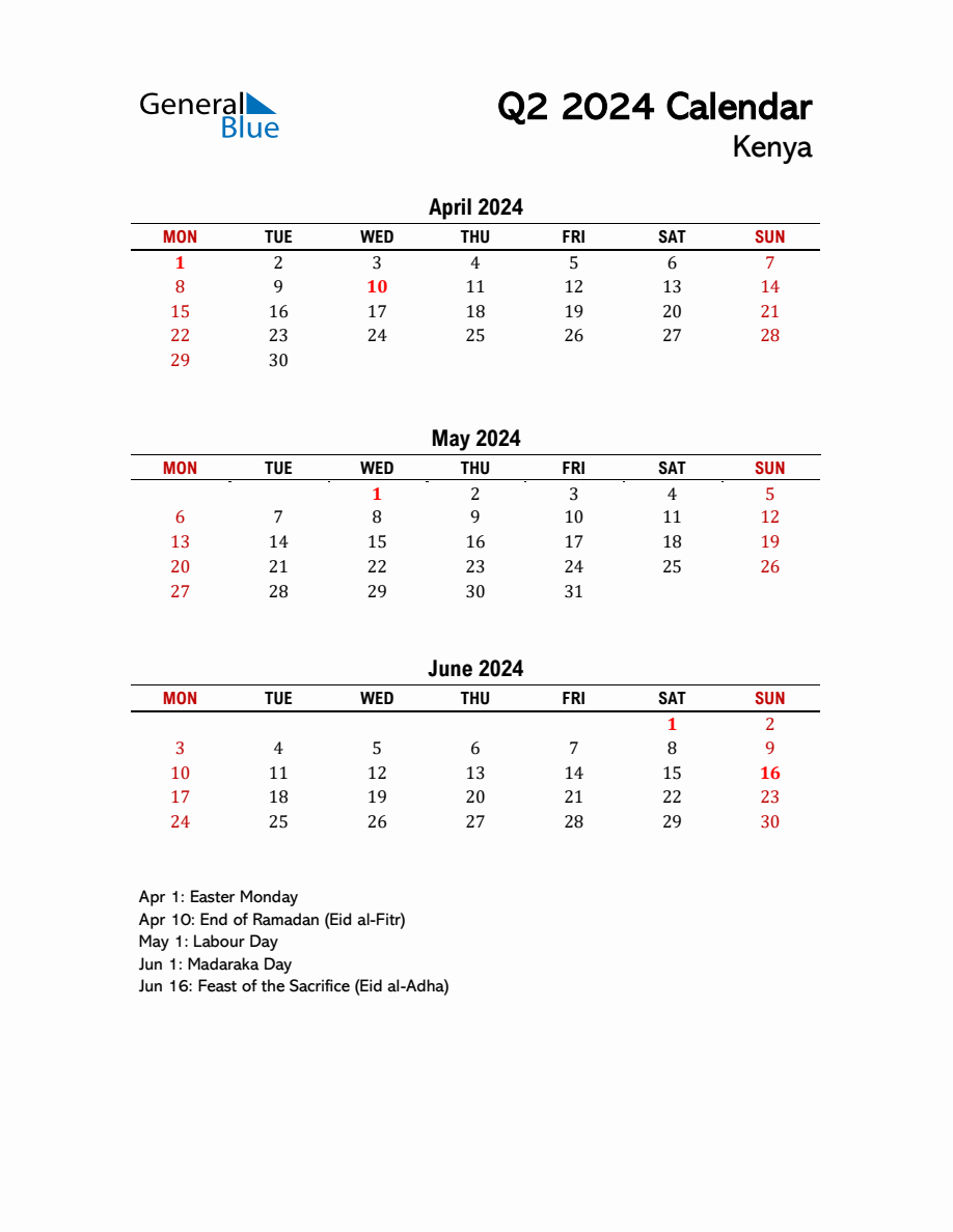 2024 Q2 Calendar with Holidays List for Kenya