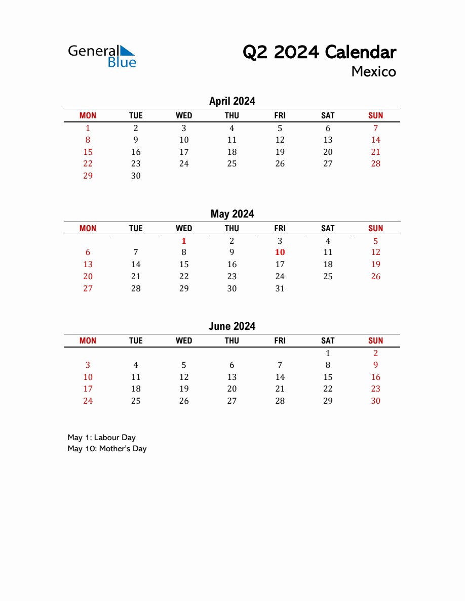 2024 Q2 Calendar with Holidays List for Mexico