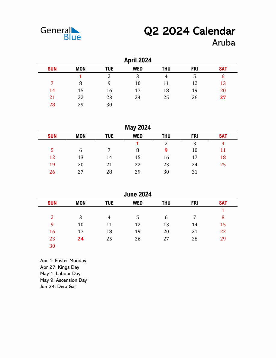 2024 Q2 Calendar with Holidays List for Aruba