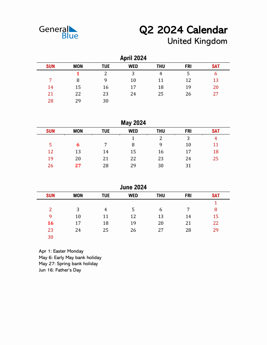 2024 Q2 Calendar with Holidays List for United Kingdom