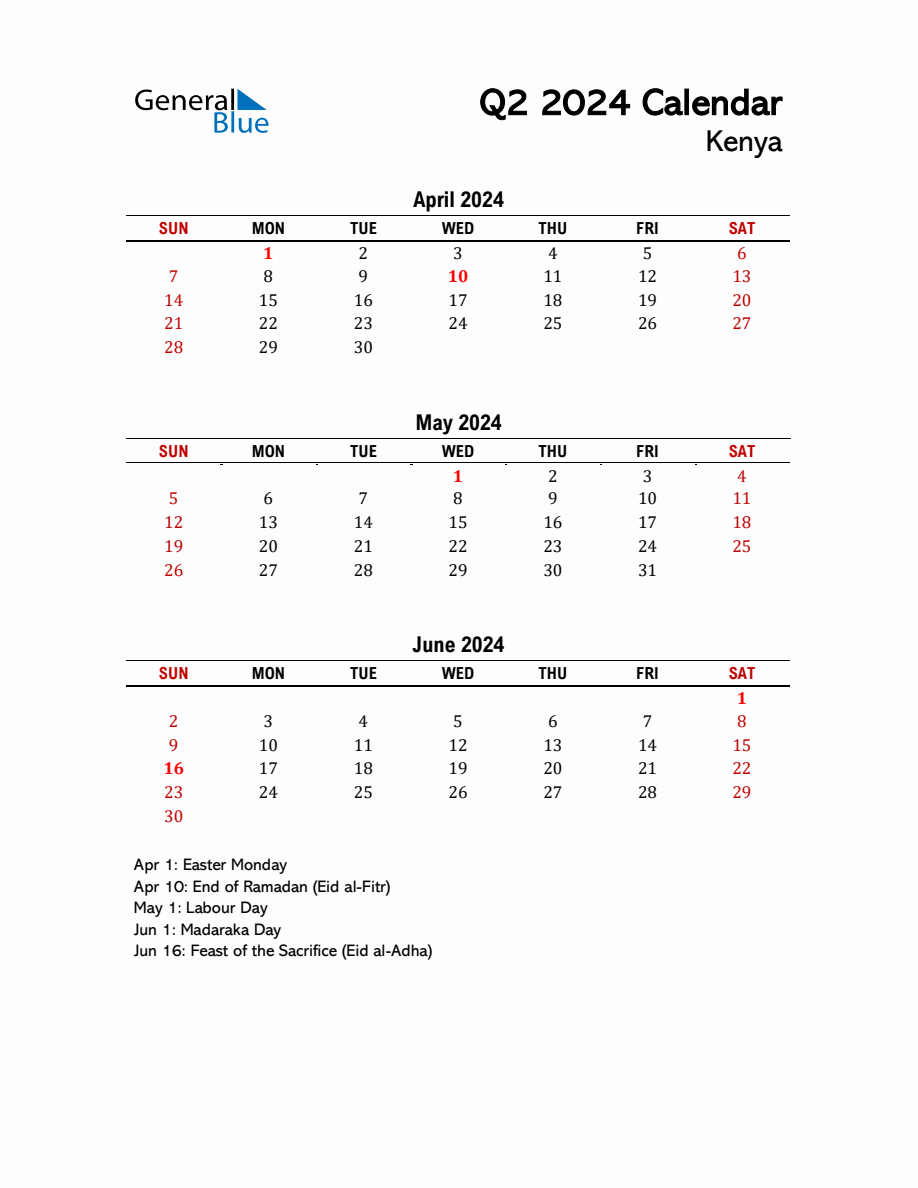 2024 Q2 Calendar with Holidays List for Kenya