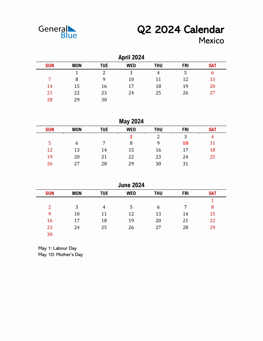 2024 Q2 Calendar with Holidays List for Mexico