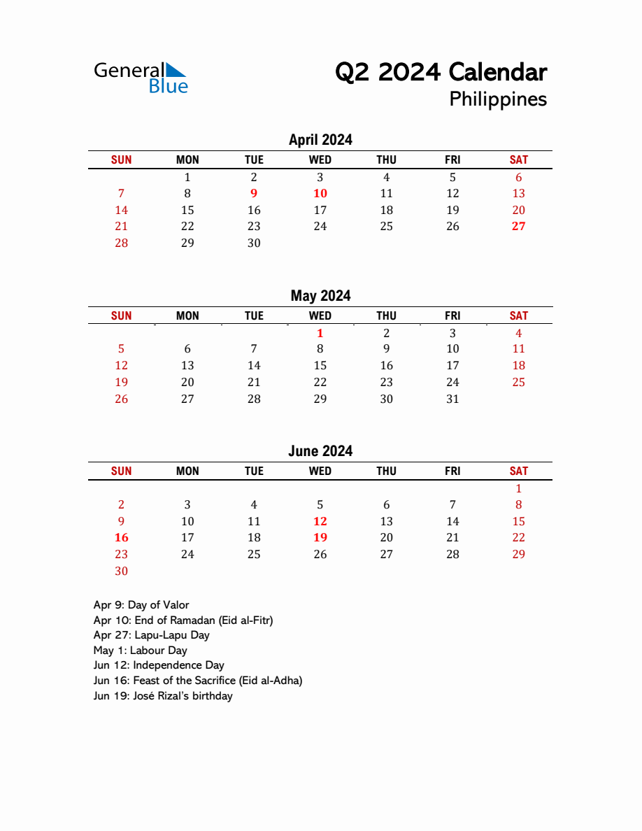 2024 Q2 Calendar with Holidays List for Philippines