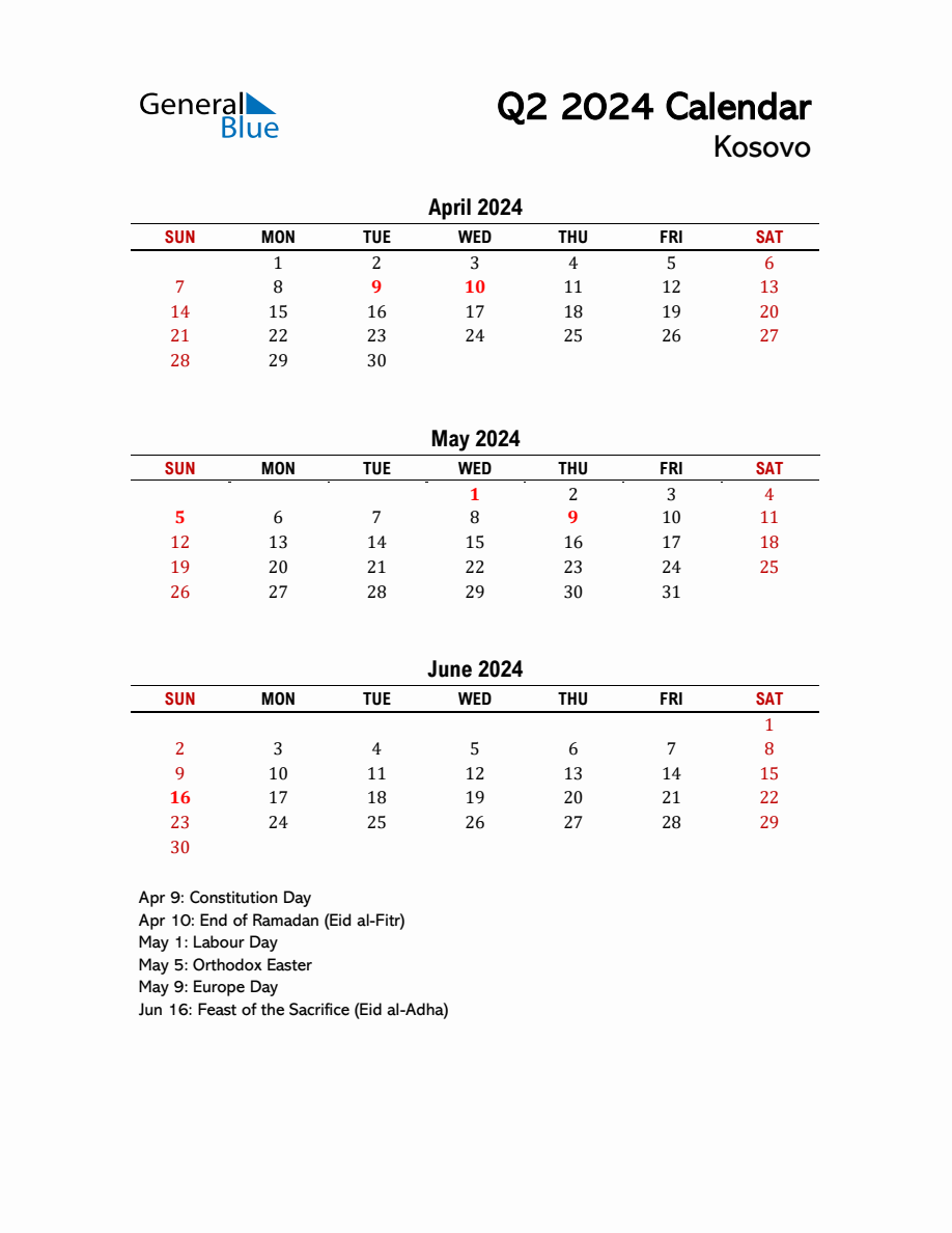 2024 Q2 Calendar with Holidays List for Kosovo