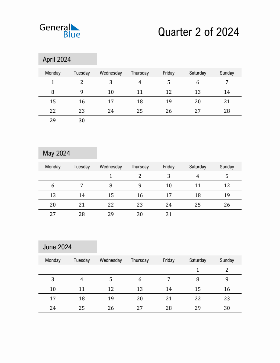 April, May, and June 2024 Calendar Template