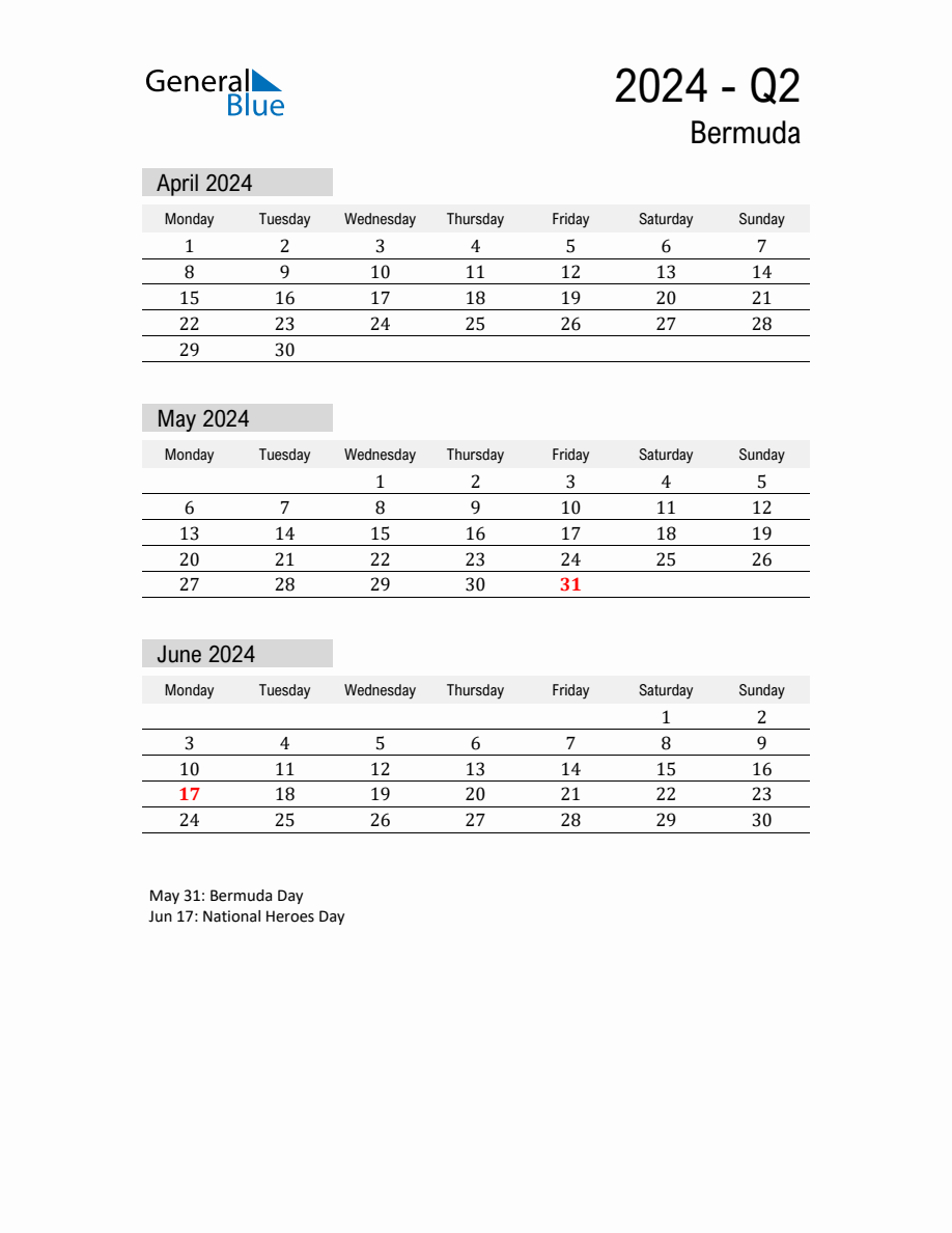 Bermuda Quarter 2 2024 Calendar with Holidays