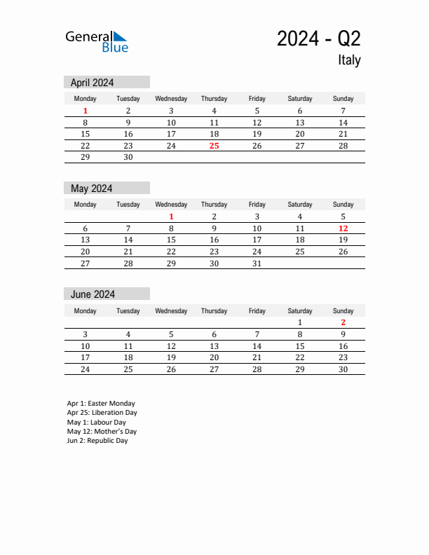 Threemonth calendar for Italy Q2 of 2024