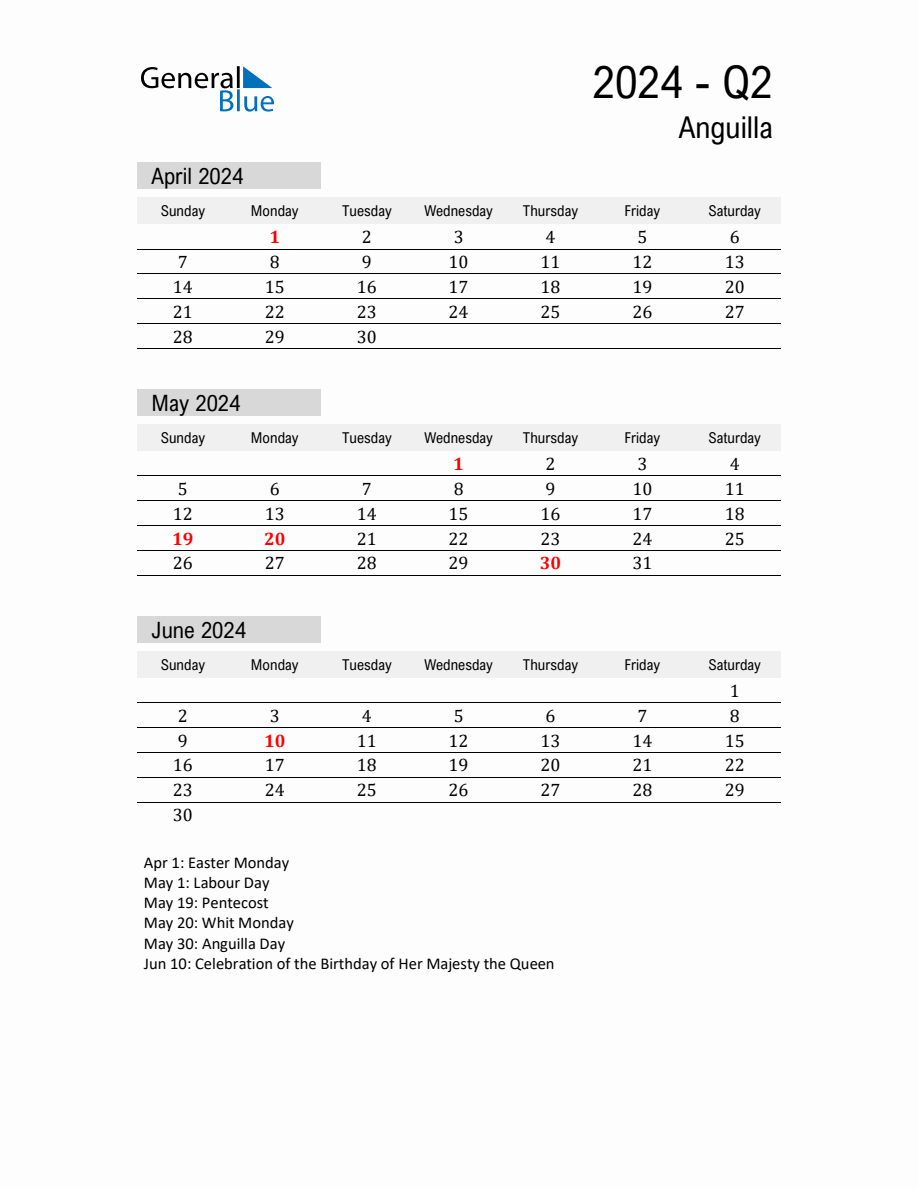 Anguilla Quarter 2 2024 Calendar with Holidays