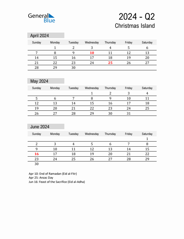 Q2 2024 Quarterly Calendar with Christmas Island Holidays (PDF, Excel