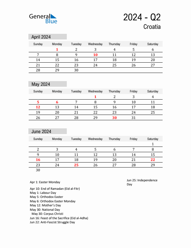 Q2 2024 Quarterly Calendar with Croatia Holidays (PDF, Excel, Word)