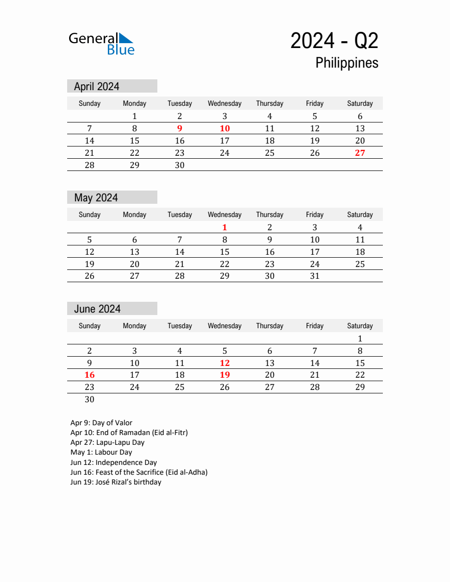 Philippines Quarter 2 2024 Calendar with Holidays