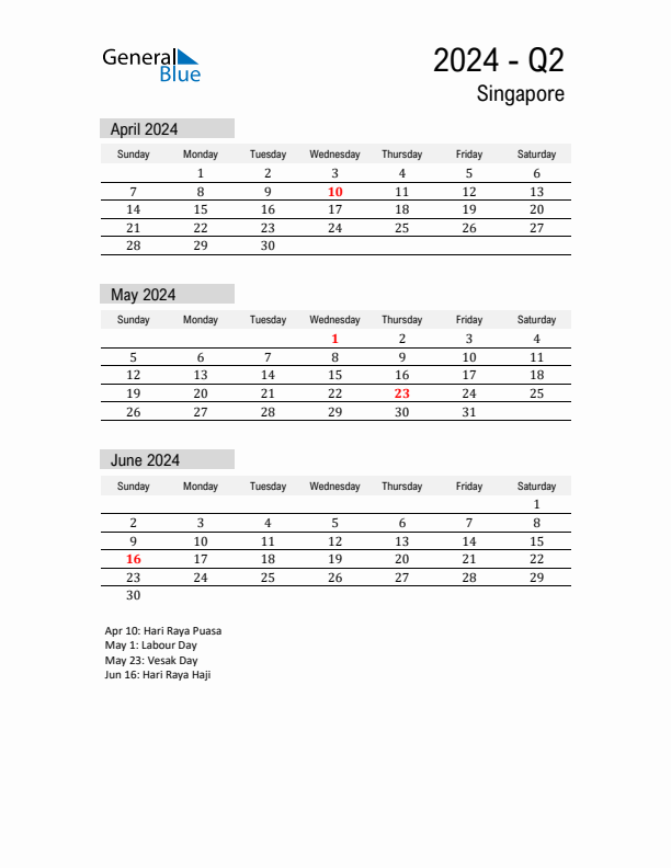 Q2 2024 Quarterly Calendar with Singapore Holidays (PDF, Excel, Word)
