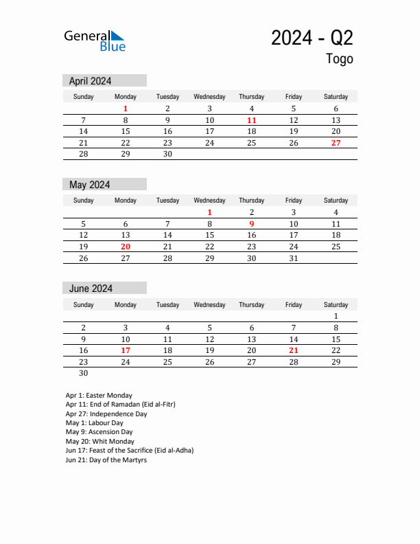 Togo Quarter 2 2024 Calendar with Holidays