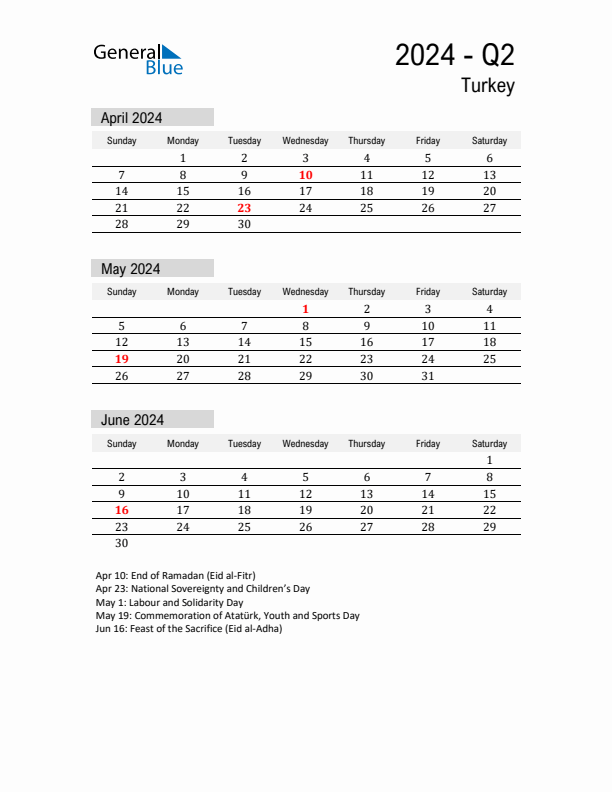 Q2 2024 Quarterly Calendar with Turkey Holidays (PDF, Excel, Word)