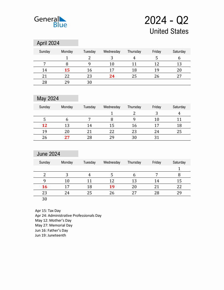 United States Quarter 2 2024 Calendar with Holidays