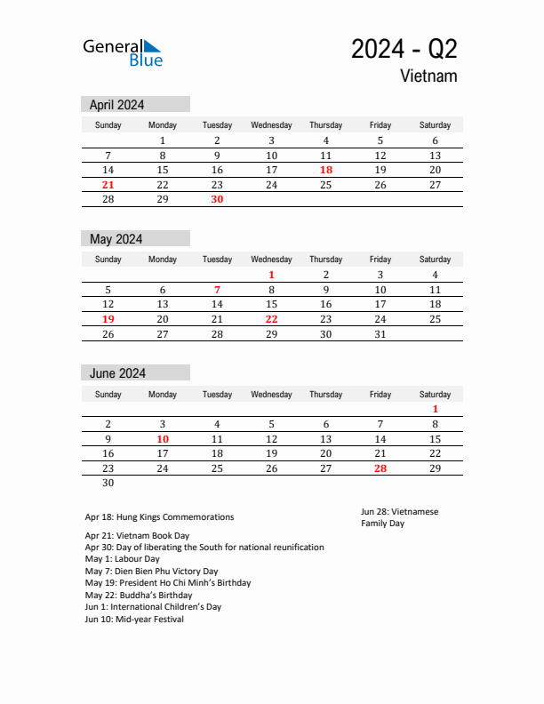 Vietnam Quarter 2 2024 Calendar with Holidays