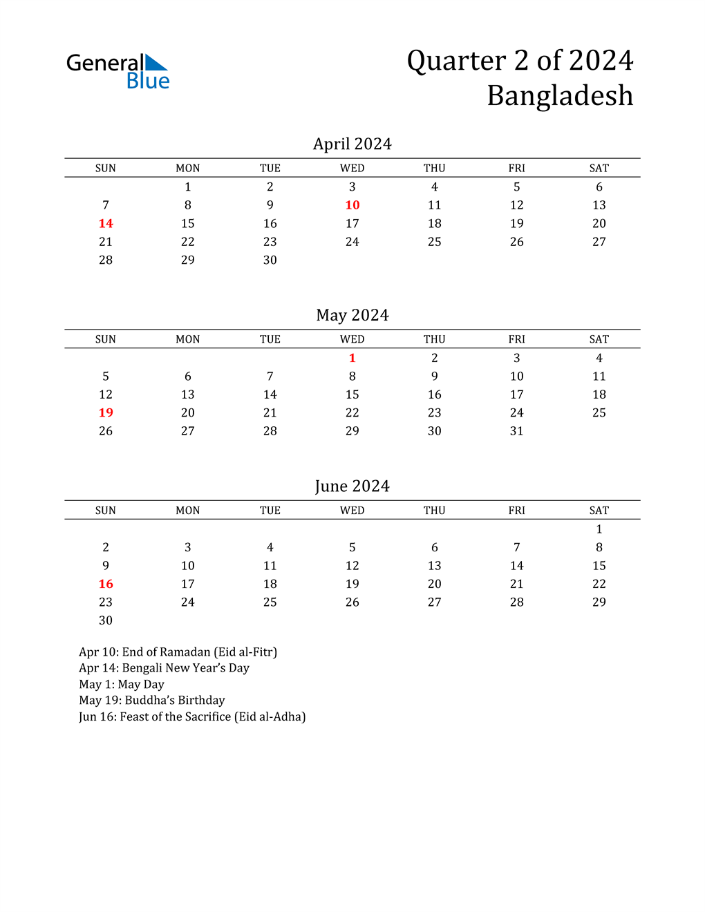 Q2 2024 Quarterly Calendar with Bangladesh Holidays