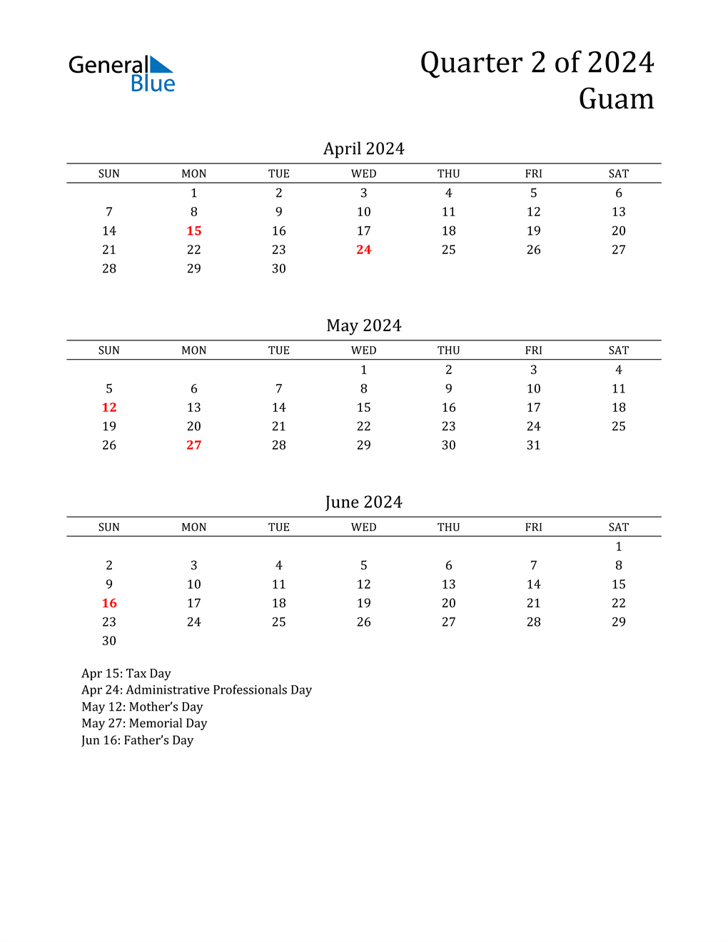 Q2 2024 Quarterly Calendar for Guam