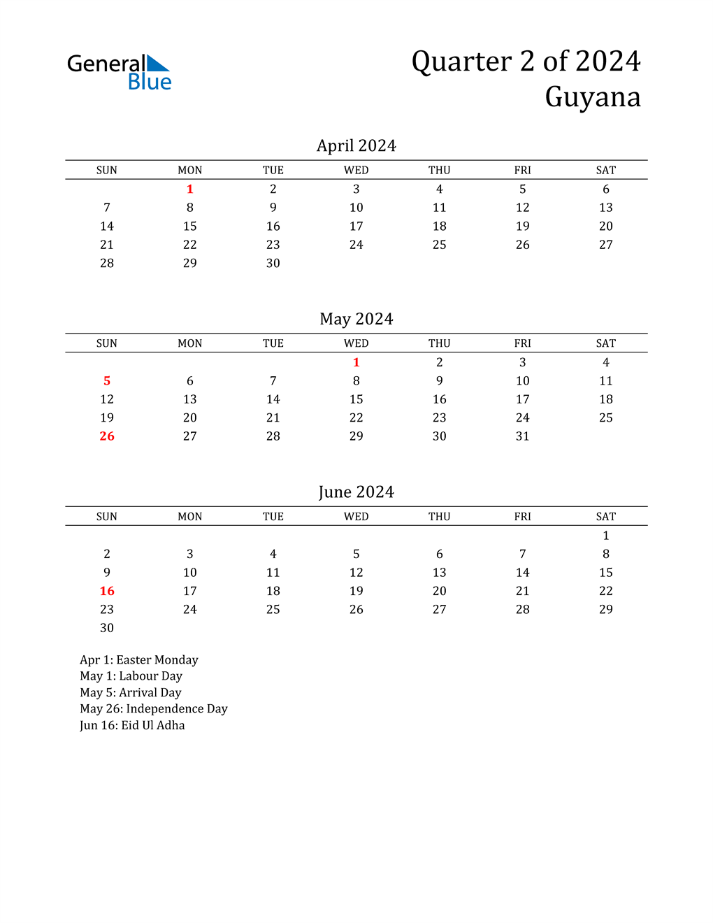 Q2 2024 Quarterly Calendar with Guyana Holidays