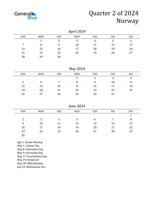 Q2 2024 Quarterly Calendar for Norway