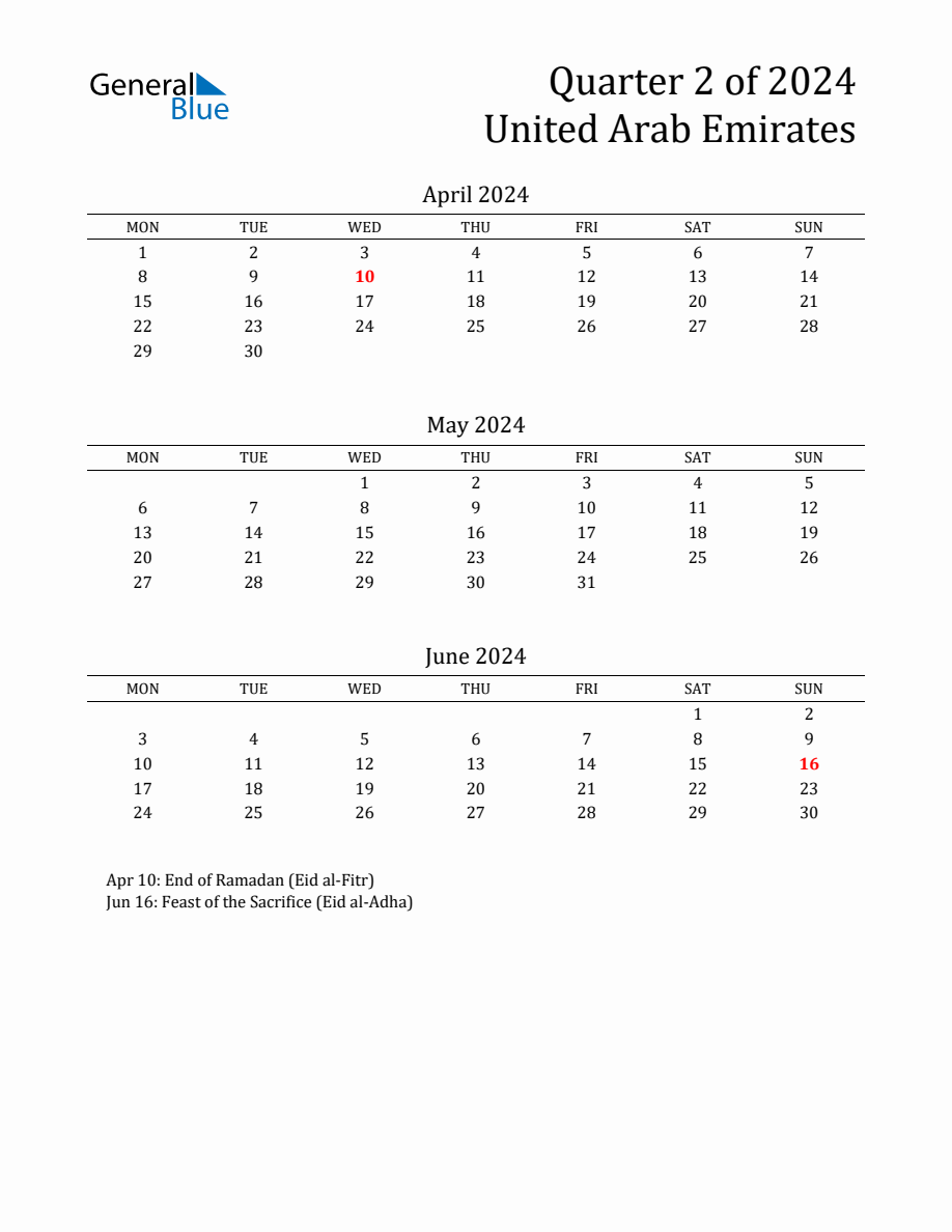 Quarter 2 2024 United Arab Emirates Quarterly Calendar