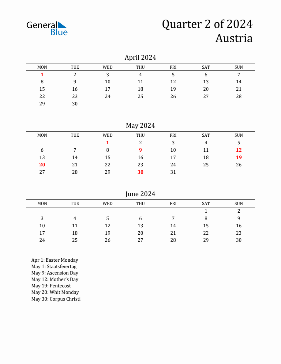 Quarter 2 2024 Austria Quarterly Calendar