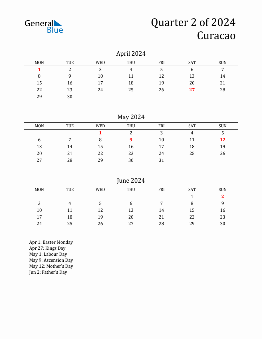 Quarter 2 2024 Curacao Quarterly Calendar